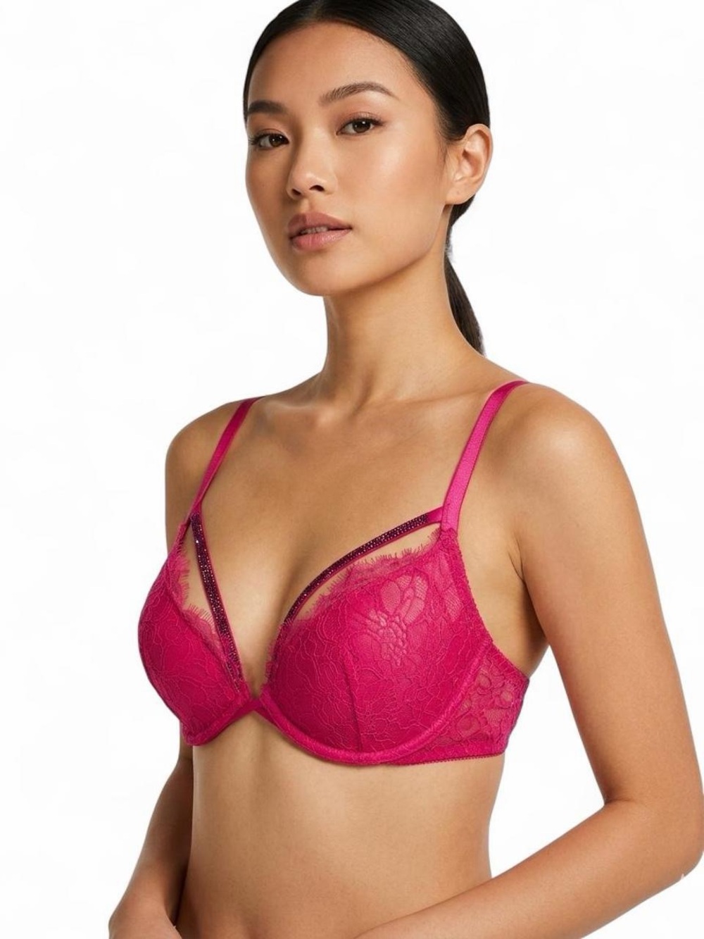 NWT Victoria’s Secret Hot Pink Lace Push Up Bra 34C Y2K Coquette Lingerie